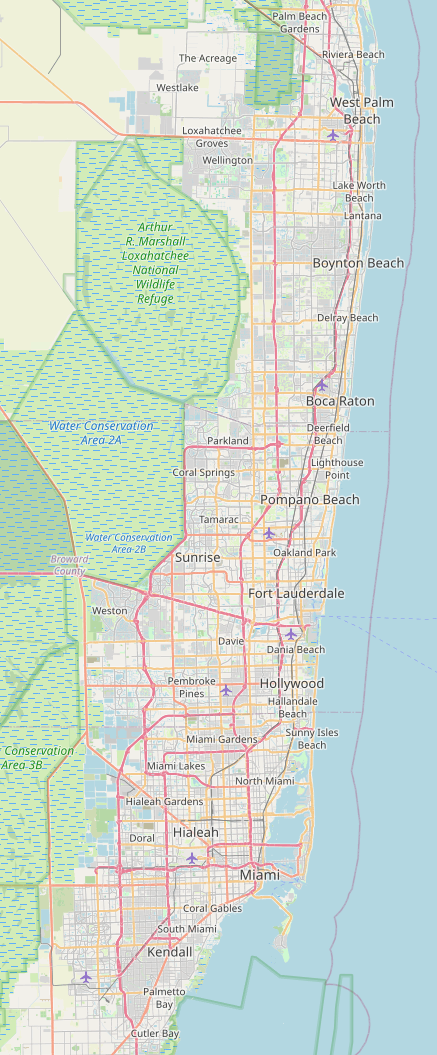 Map of the South Florida coast we serve, centred on the corridor between Miami and Palm Beach, through Fort Lauderdale and Boca Raton